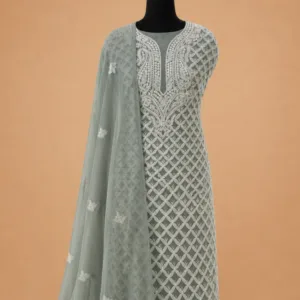 Grey Georgette Chikankari Suit With Hand Embroidery
