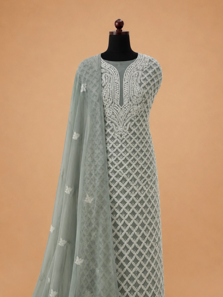 Grey Georgette Chikankari Suit With Hand Embroidery