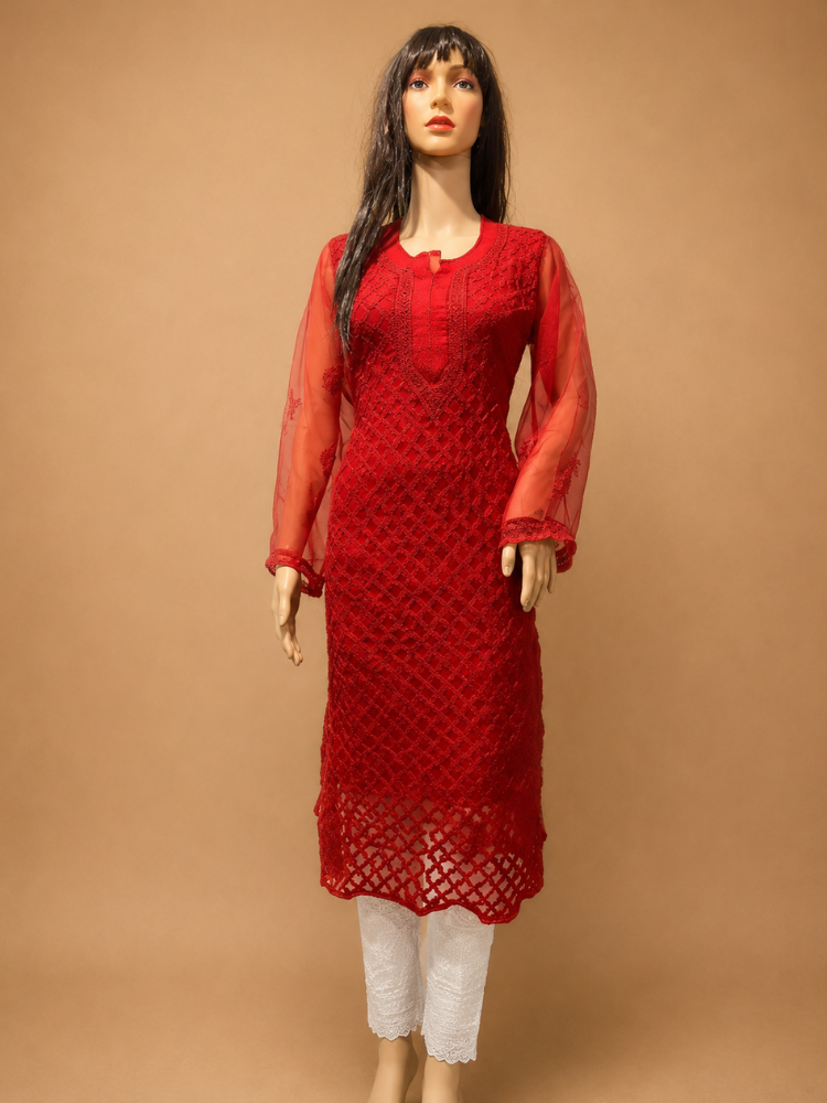 Red Georgette Straight Kurta With Chikankari