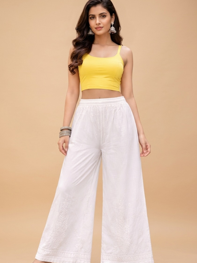 White Rayon Palazzo Pants With Chikankari Hand Embroidery