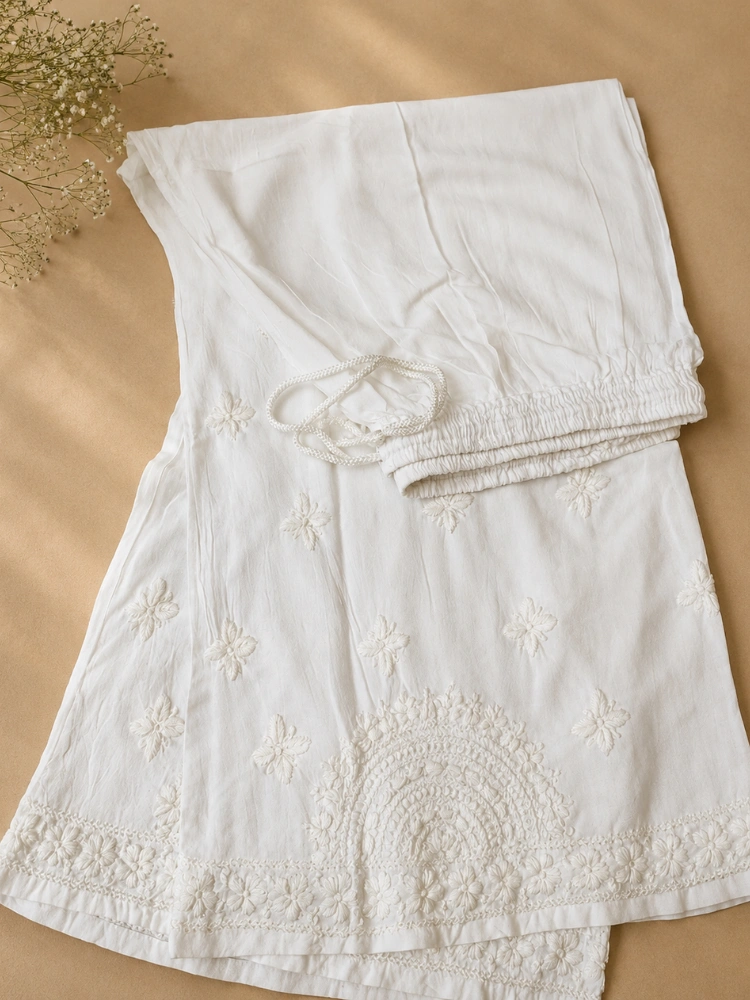 White Modal Chikankari Palazzo With Hand Embroidery