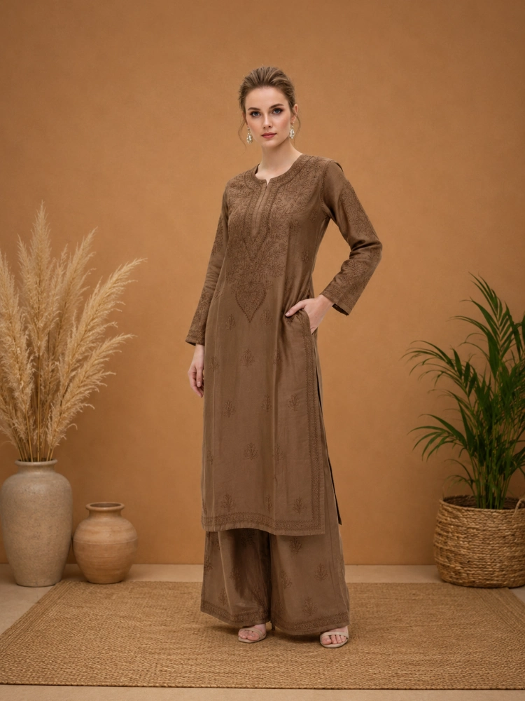 Chanderi Kurta Palazzo Set With Chikankari Hand Embroidery