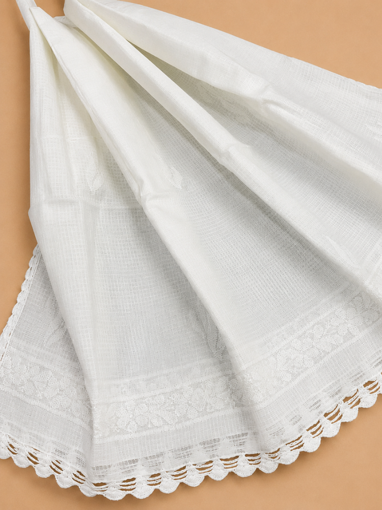 White Kota Cotton Chikanakari Dupatta With Hand Embroidery