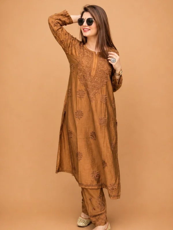 Chanderi Kurta Pant Set With Chikankari Hand Embroidery