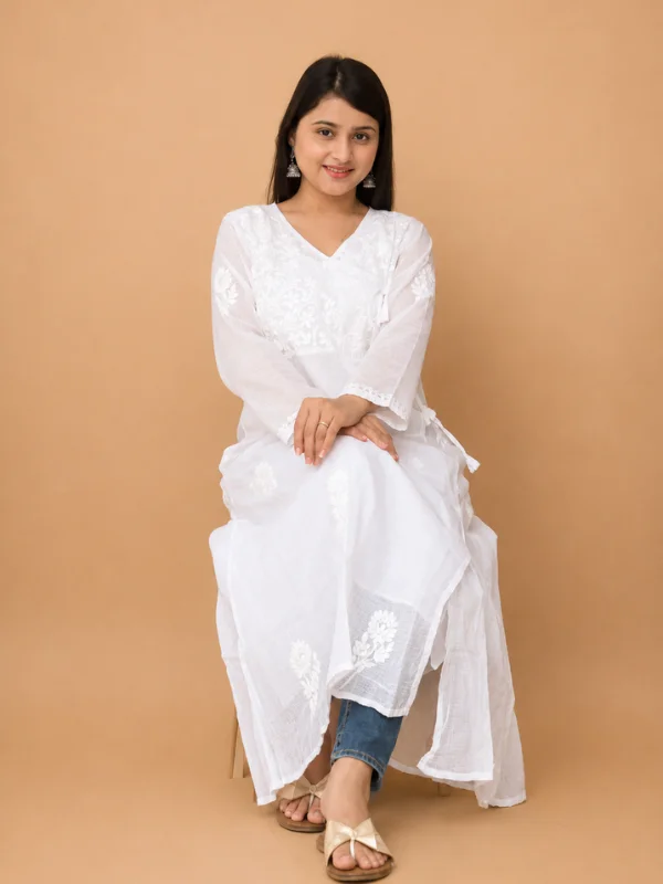 Kota Cotton Chikankari Angrakha Kurta With Hand Embroidery