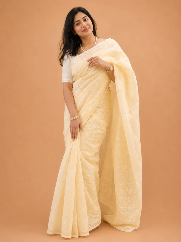 Kota Cotton Chikankari Saree With Hand Embroidery