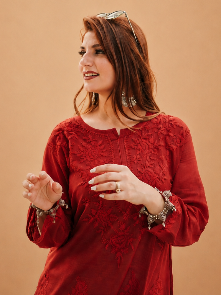 Pure Kota Cotton Kurta With Chikankari Hand Embroidery