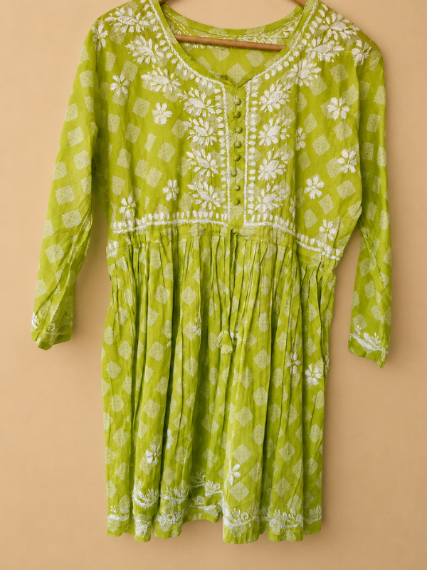 Lime Green Mulmul Cotton Chikankari Short Kurti