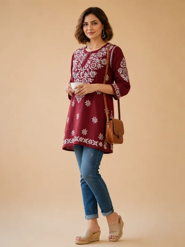 Chikankari Modal Short Kurti With Hand Embroidery