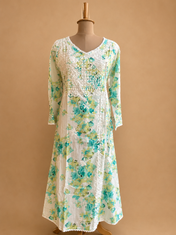 Mulmul Cotton Chikankari Angrakha Kurta