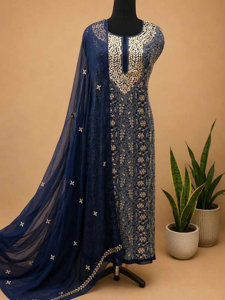 Navy Blue Chikankari Partywear Suit With Gotapatti