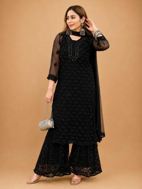 Partywear Black Kurta Set With Chikankari & Mukaish