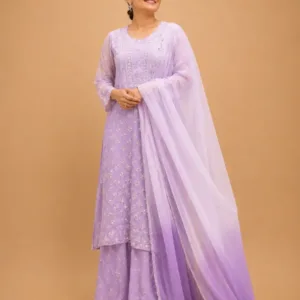 Partywear Chikankari Kurta Sharara Set With Mirror Work