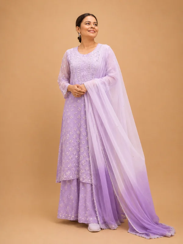 Partywear Chikankari Kurta Sharara Set With Mirror Work