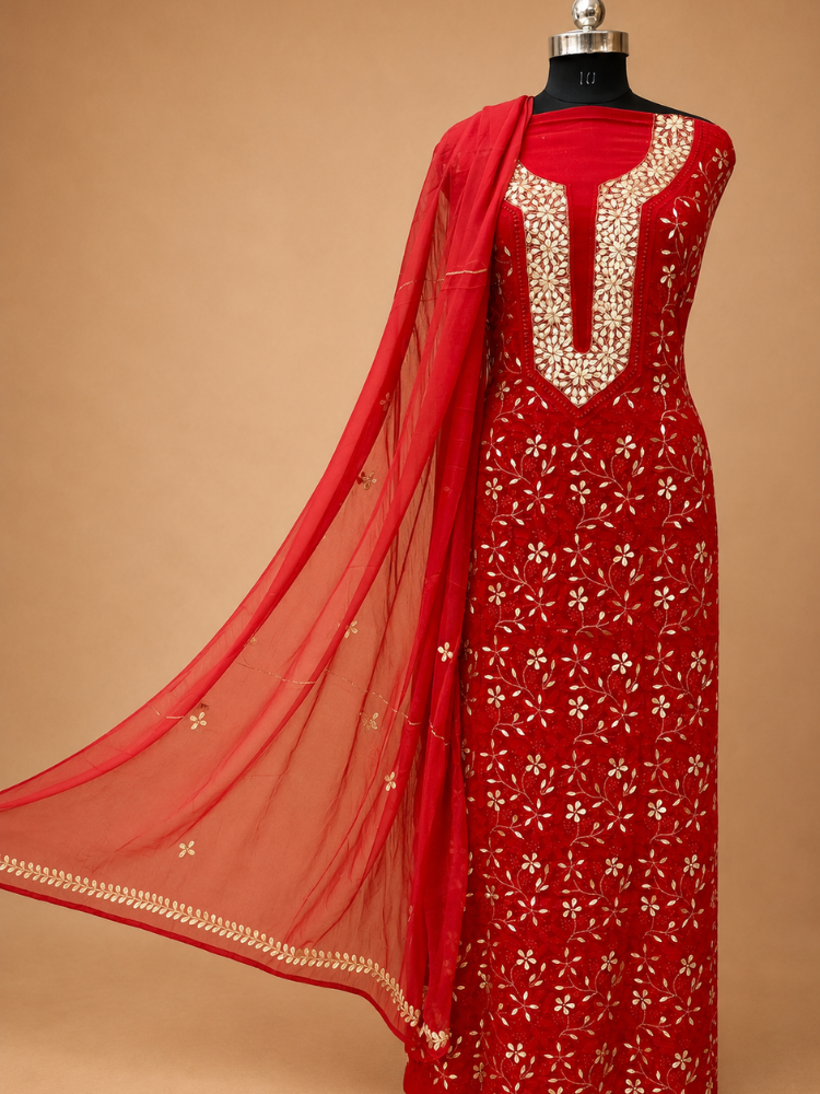 Partywear Red Chikankari Suit With Gotapatti