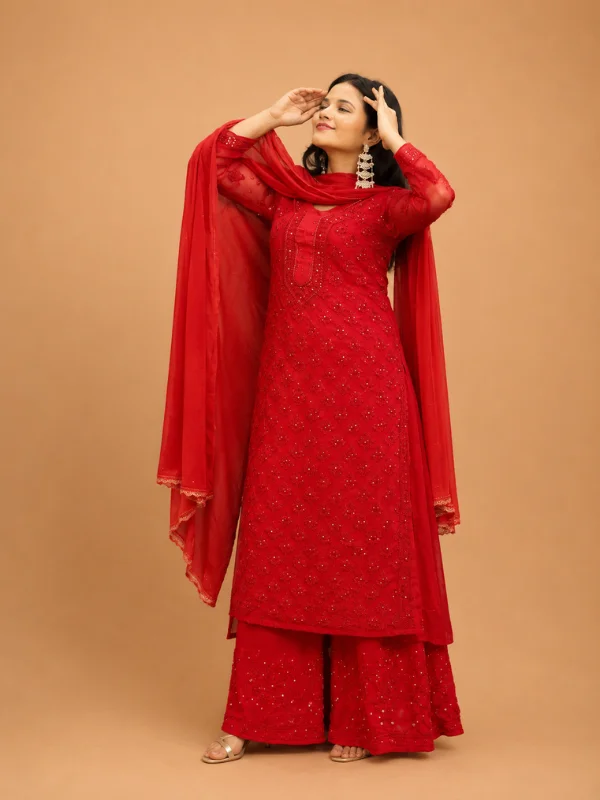 Partywear Red Kurta Set With Chikankari & Mukaish