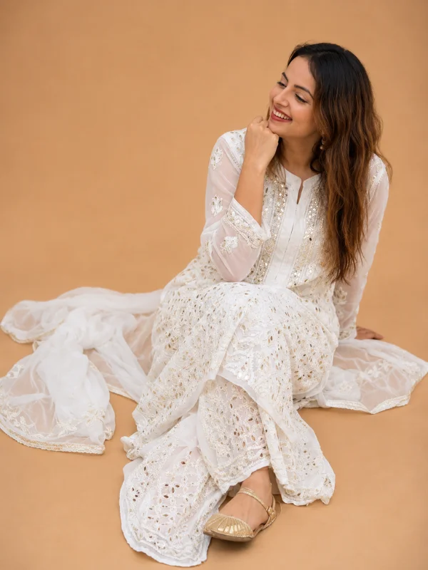 Partywear White Chikankari Kurta Sharara Set With Gotapatti
