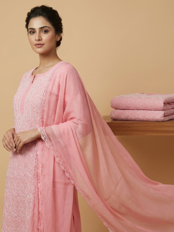 Cotton Chikankari Suit With Hand Embroidery