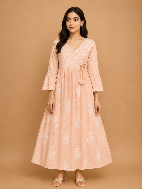 Peach Printed Rayon Chikankari Angrakha Kurta