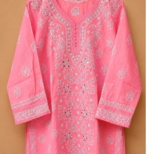 Pink Cotton Chikankari Kurta With Mukaish