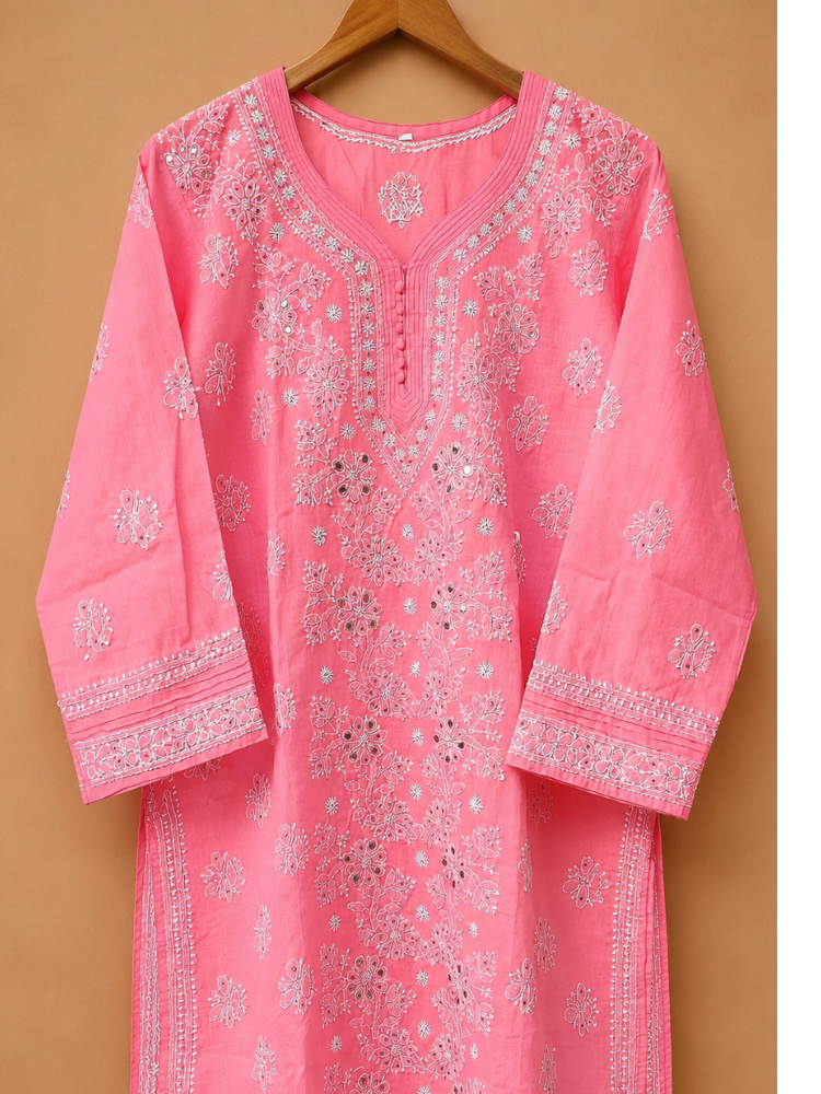 Pink Cotton Chikankari Kurta With Mukaish