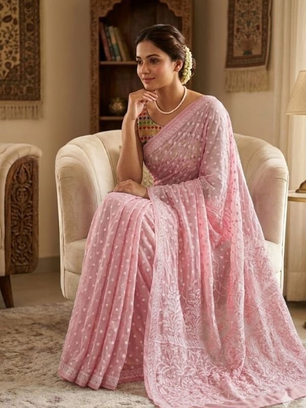 Chikankari Saree With Resham Thread Embroidery