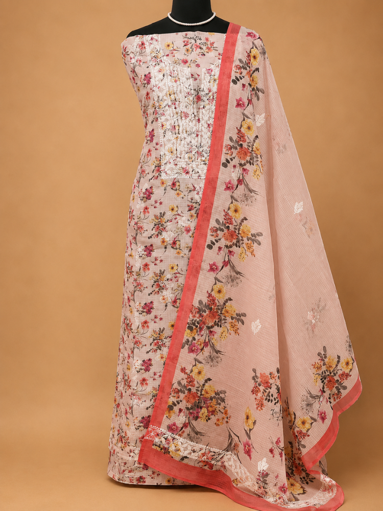 Printed Kota Cotton Chikankari Hand Embroidered Suit