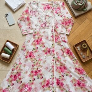 Printed Mul Cotton Angrakha With Chikankari Hand Embroidery