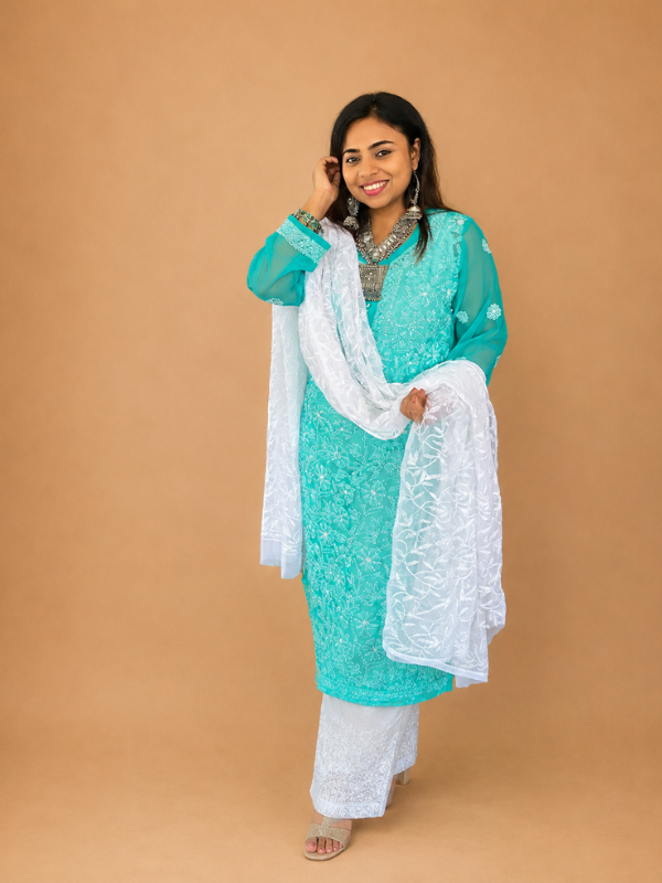White Georgette Chikankari Dupatta With All Over Hand Embroidery