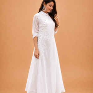 White Pure Kota Cotton Angrakha With Chikankari Hand Embroidery