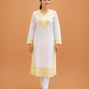 White Yellow Cotton Chikankari Kurta