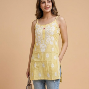 Chikankari Noodle Strap Short Kurti With Hand Embroidery