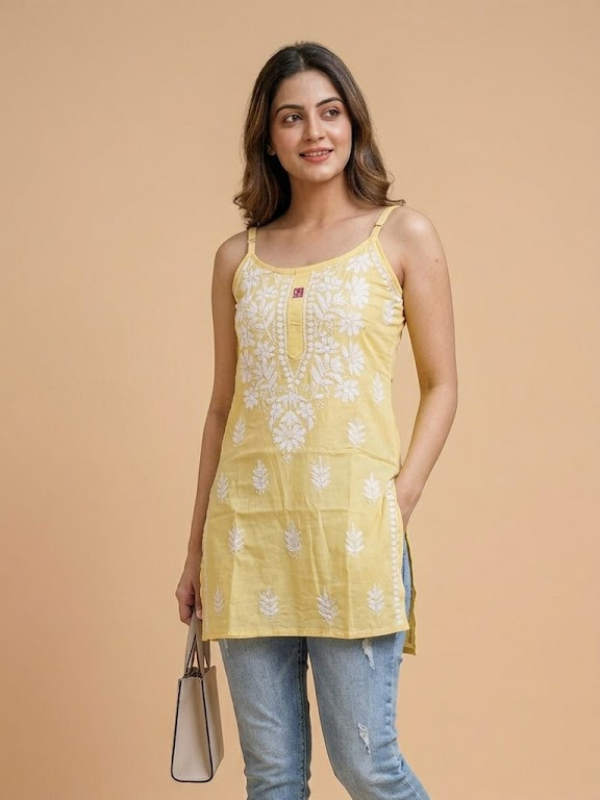 Chikankari Noodle Strap Short Kurti With Hand Embroidery