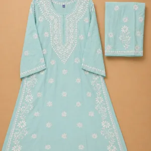 Sky Blue Rayon Kurta Set With Chikankari Hand Embroidery