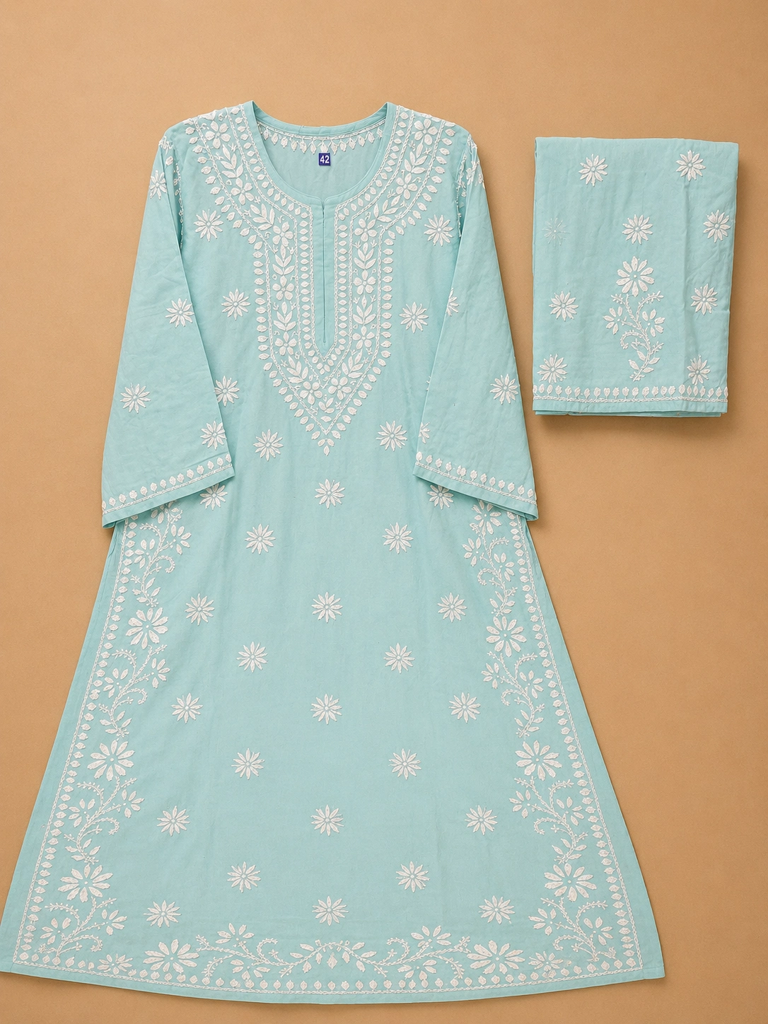 Sky Blue Rayon Kurta Set With Chikankari Hand Embroidery
