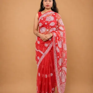 Coral Red Lucknowi Chikankari Saree With Border Palla Hand Embroidery