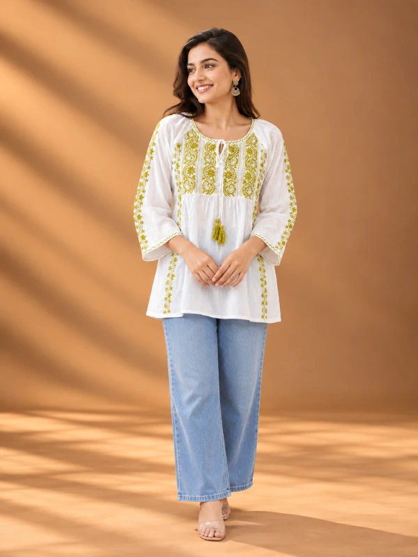 White Embroidered Cotton Peplum Kurti