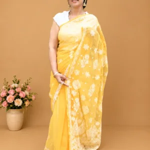 Mustard Yellow Chikankari Saree with Chikankari Hand Embroidery