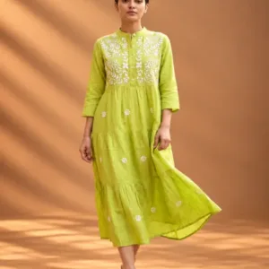 Mulmul Cotton Chikankari Hand Embroidered Tiered Dress