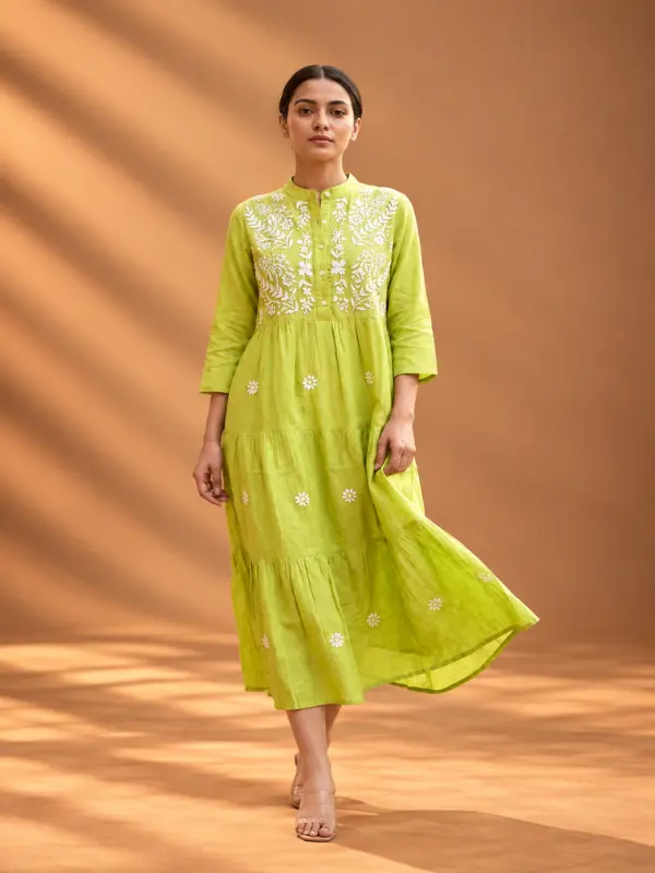 Mulmul Cotton Chikankari Hand Embroidered Tiered Dress