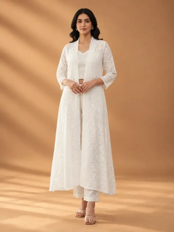 Pure Kota Doria Chikankari Hand Embroidered Long Shrug