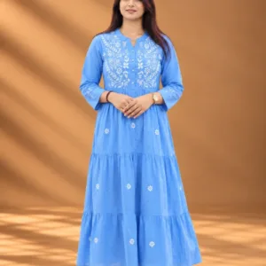 Mulmul Cotton Chikankari Hand Embroidered Tiered Dress