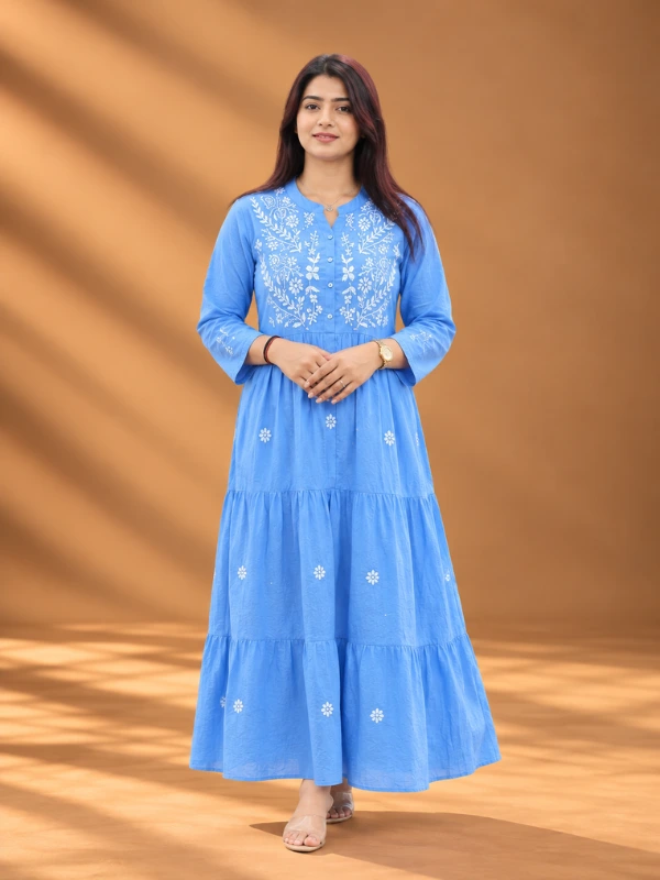 Mulmul Cotton Chikankari Hand Embroidered Tiered Dress