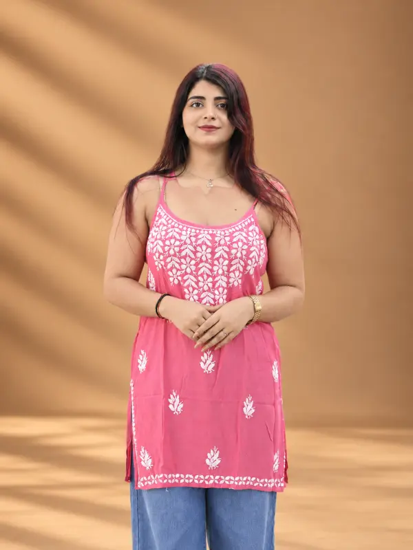 Pink Modal Chikankari Short Noodle Strap Kurti
