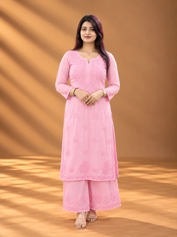 Pink Modal Chikankari Short Noodle Strap Kurti
