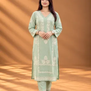 Green Chikankari Linen Cotton Set