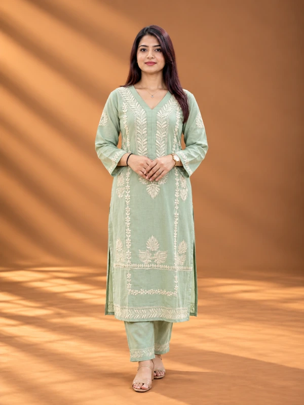 Green Chikankari Linen Cotton Set