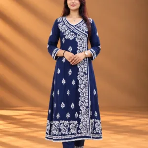 Navy Blue Rayon Chikankari Angrakha Kurta