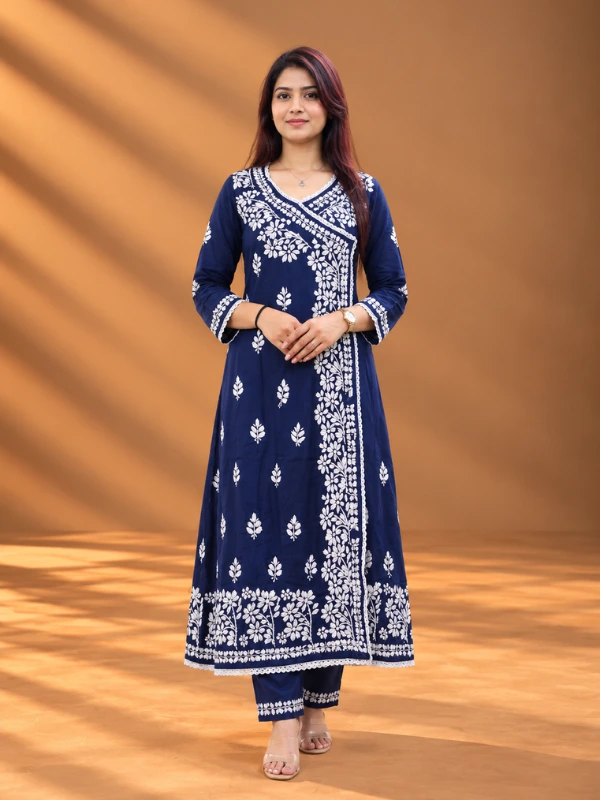 Navy Blue Rayon Chikankari Angrakha Kurta