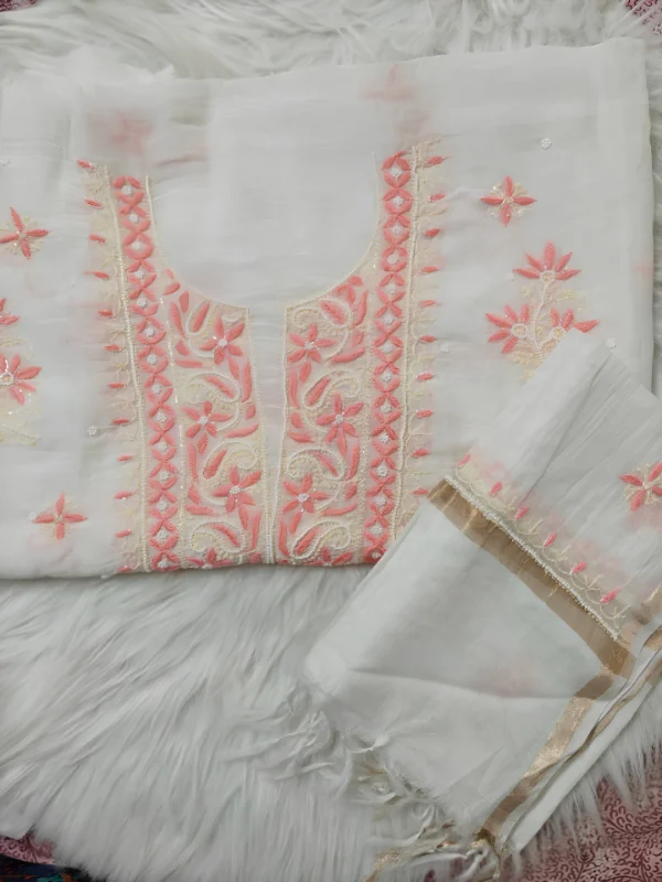 Premium Mul Chanderi 2 piece Chikankari Unstitched Kurta and Dupatta set – White